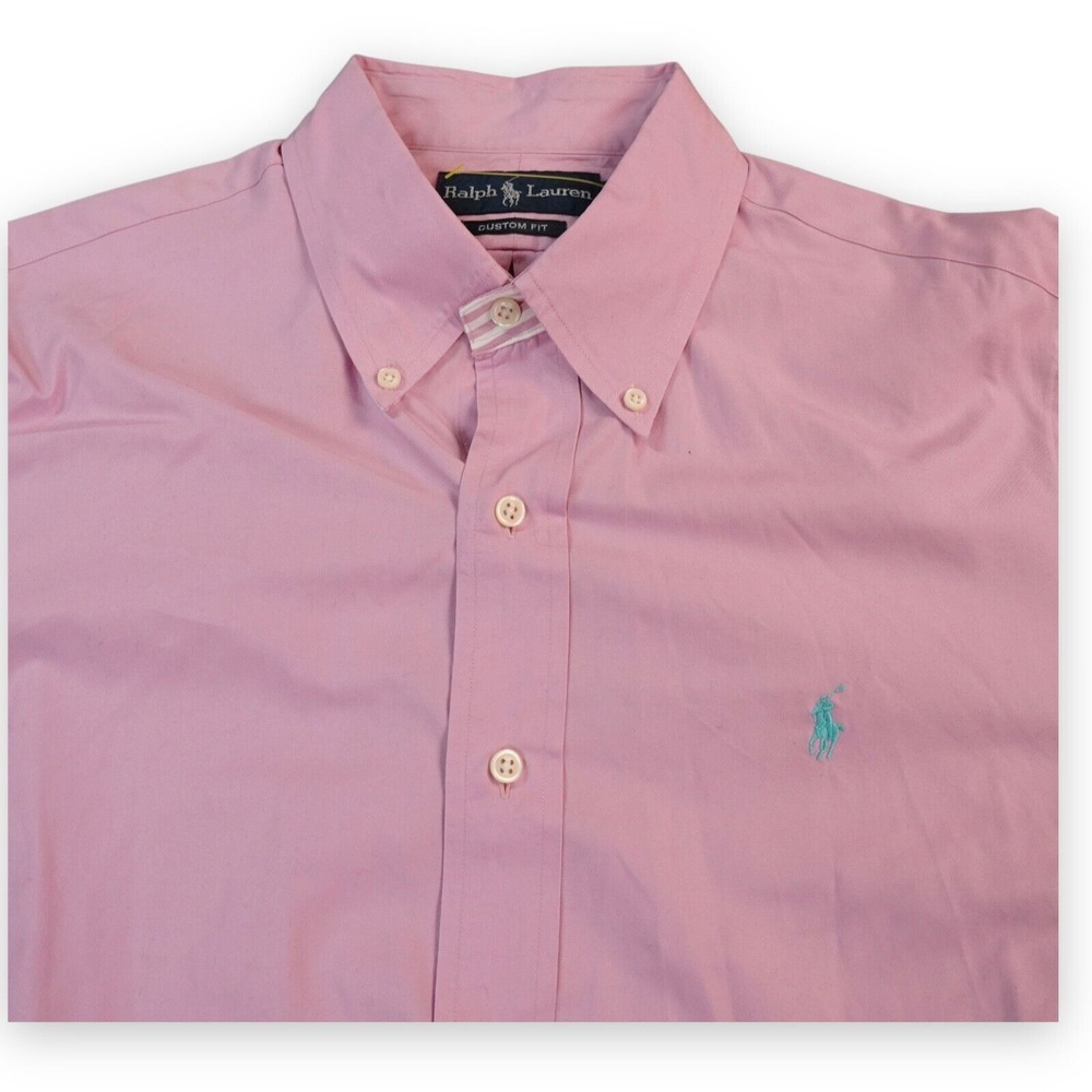 VTG Ralph Lauren Shirt Mens Large Pink Reverse Cuff Custom Fit Preppy Pony Hit‎